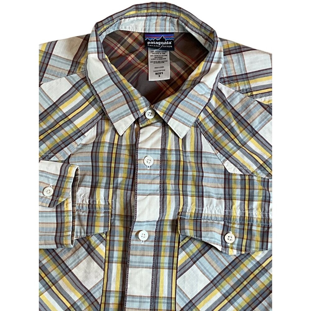 Patagonia‎ Men's Small Long Sleeve Button Up Shirt White/Yellow/Brown/Blue Plaid